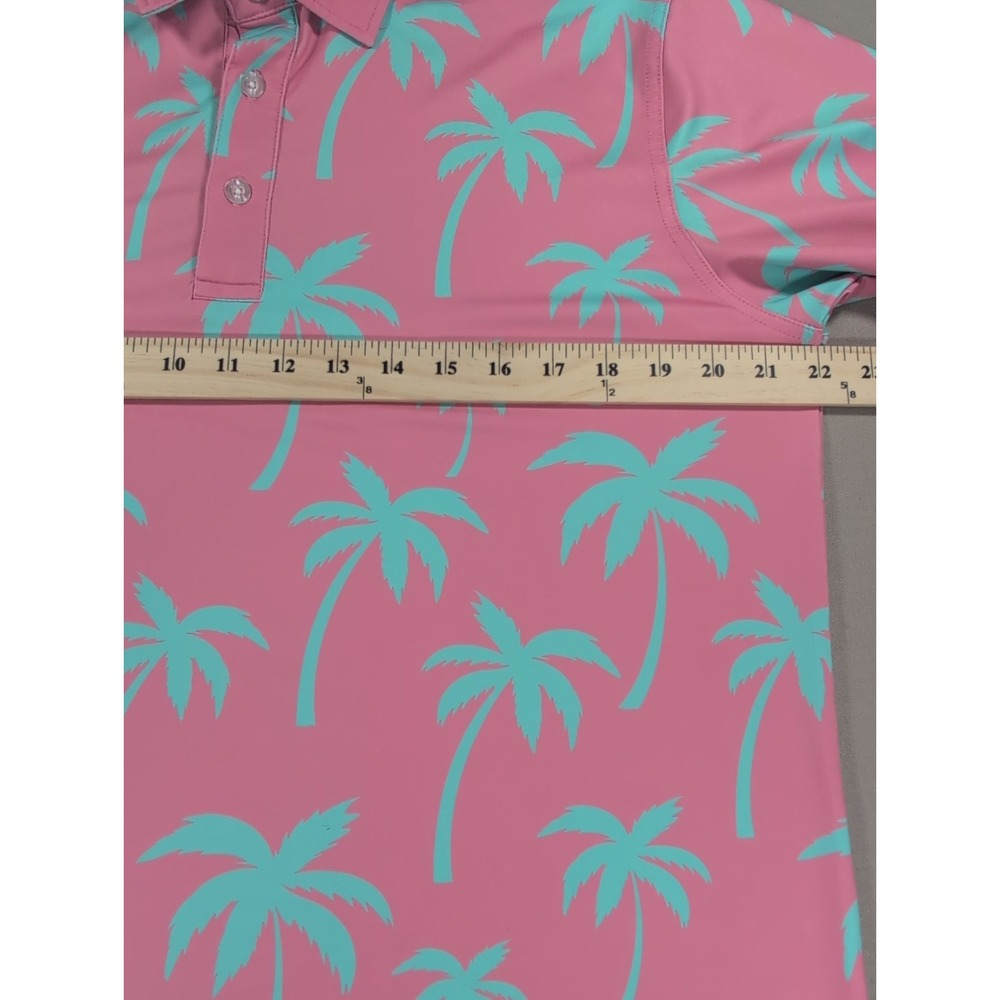 Waggle Golf Polo Shirt Mens Large Pink Blue Palm Trees AOP Performance Stretch - Picture 5 of 9